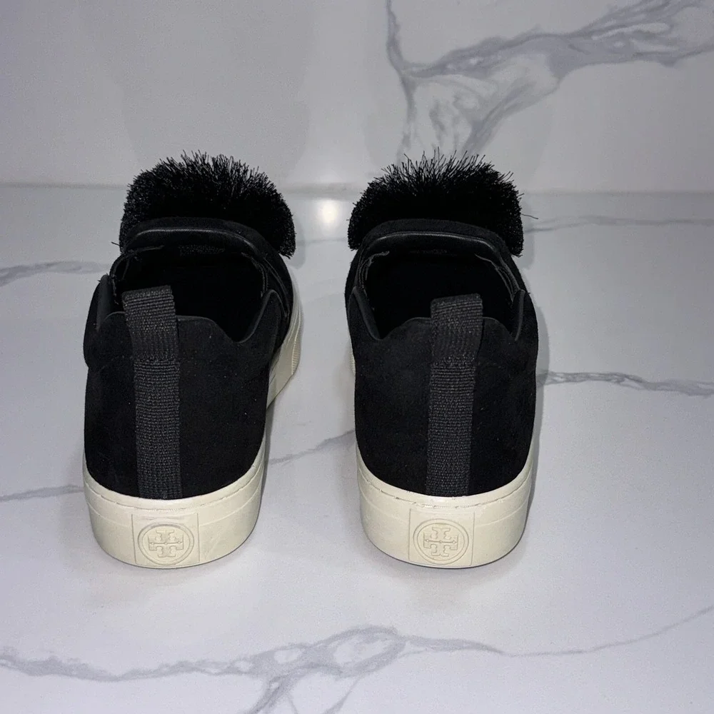 Tory Burch Pom Pom Designer Sneakers Shoes Black Women's Size 7.5